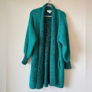 Vtg Sideffect Women’s Open Front Bouclé Cardigan Sweater Sz M Teal Green Cozy